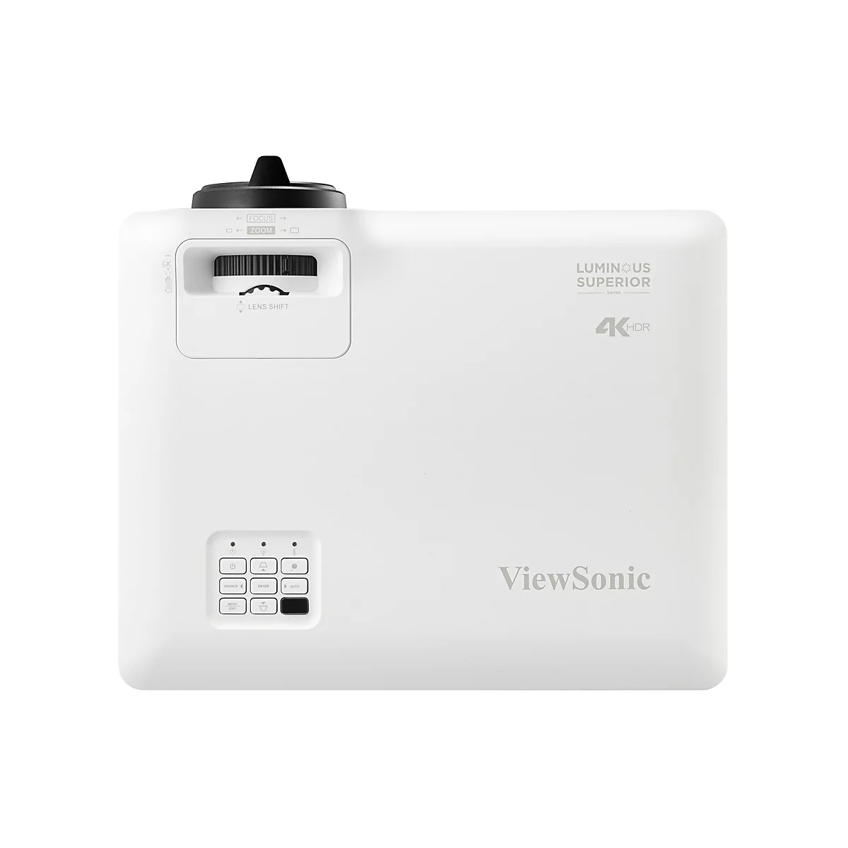 Nahaufnahme eines weißen ViewSonic-Projektors. Auf der Vorderseite befinden sich Bedienelemente und ein Objektivbereich, darüber steht "Luminous Superior" mit 4KHDR.