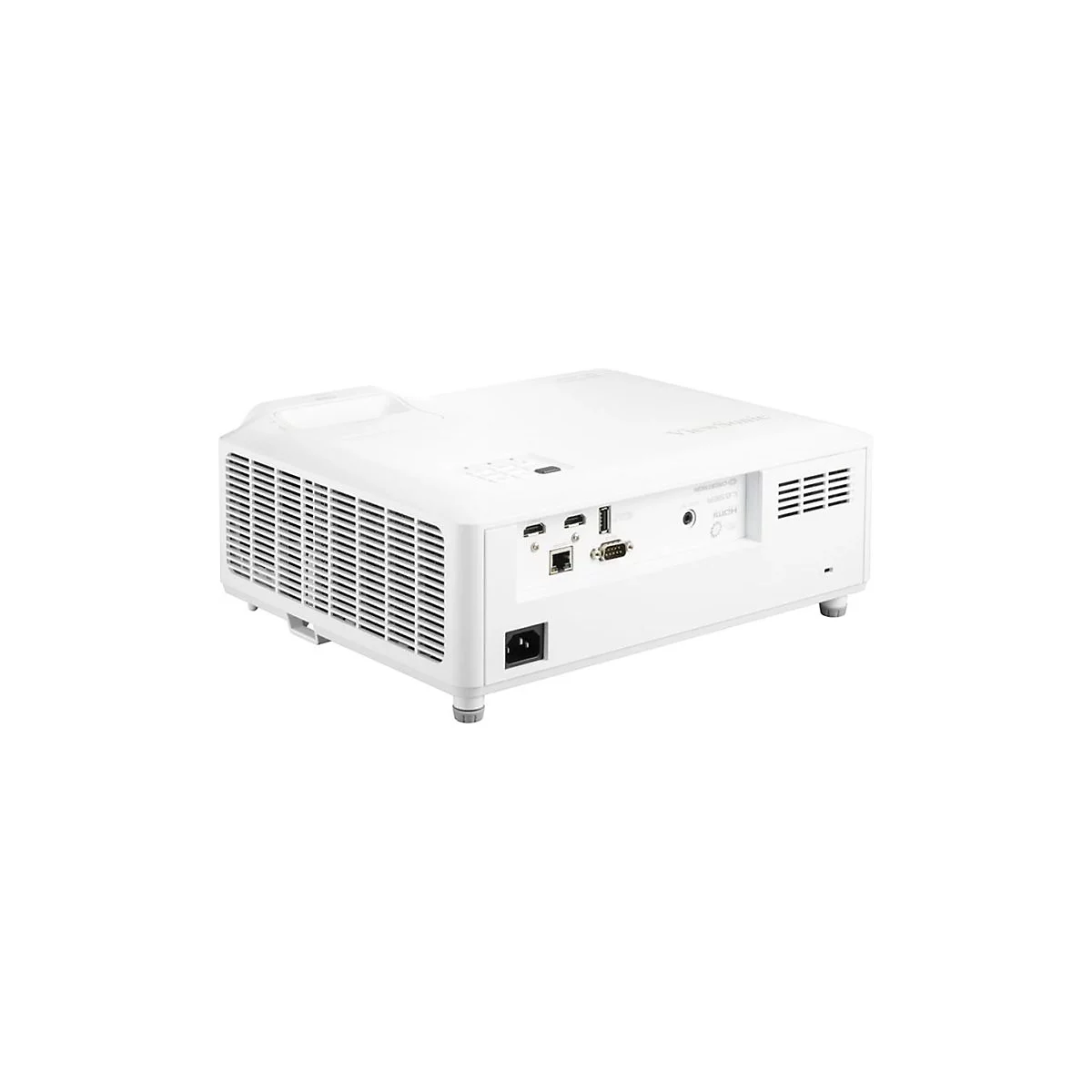 Projecteur blanc, vue arrière. Connecteurs pour HDMI, réseau, alimentation et fentes de ventilation. Logo ViewSonic.