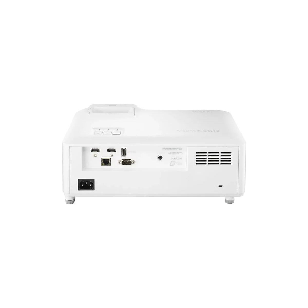 Projecteur ViewSonic blanc, vue arrière avec ports: HDMI, USB, Ethernet, VGA et alimentation, grille d'aération.