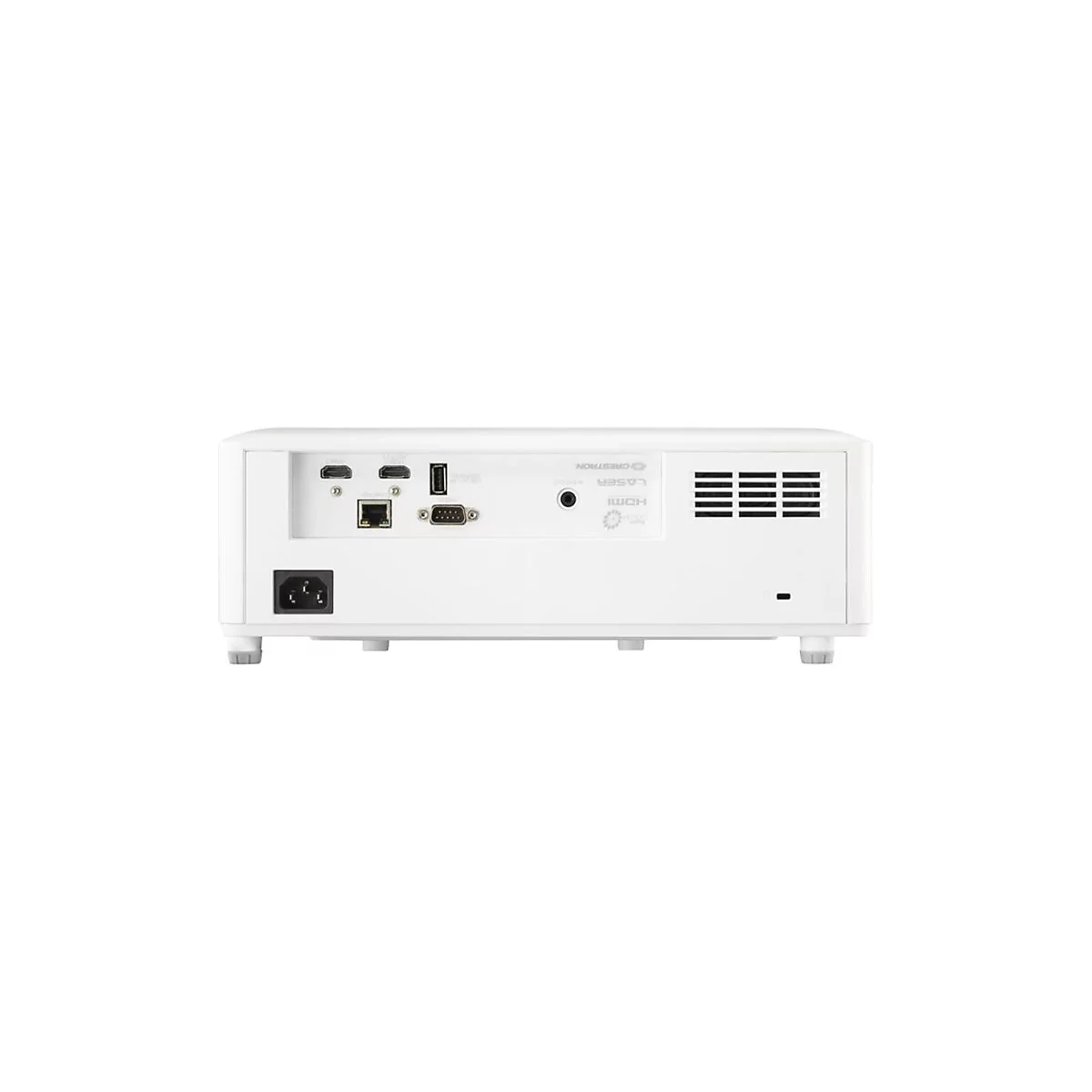 Vue arrière d'un projecteur blanc montrant des connexions telles que HDMI, USB et un port d'alimentation. Le texte 'CRESTRON' est également visible.