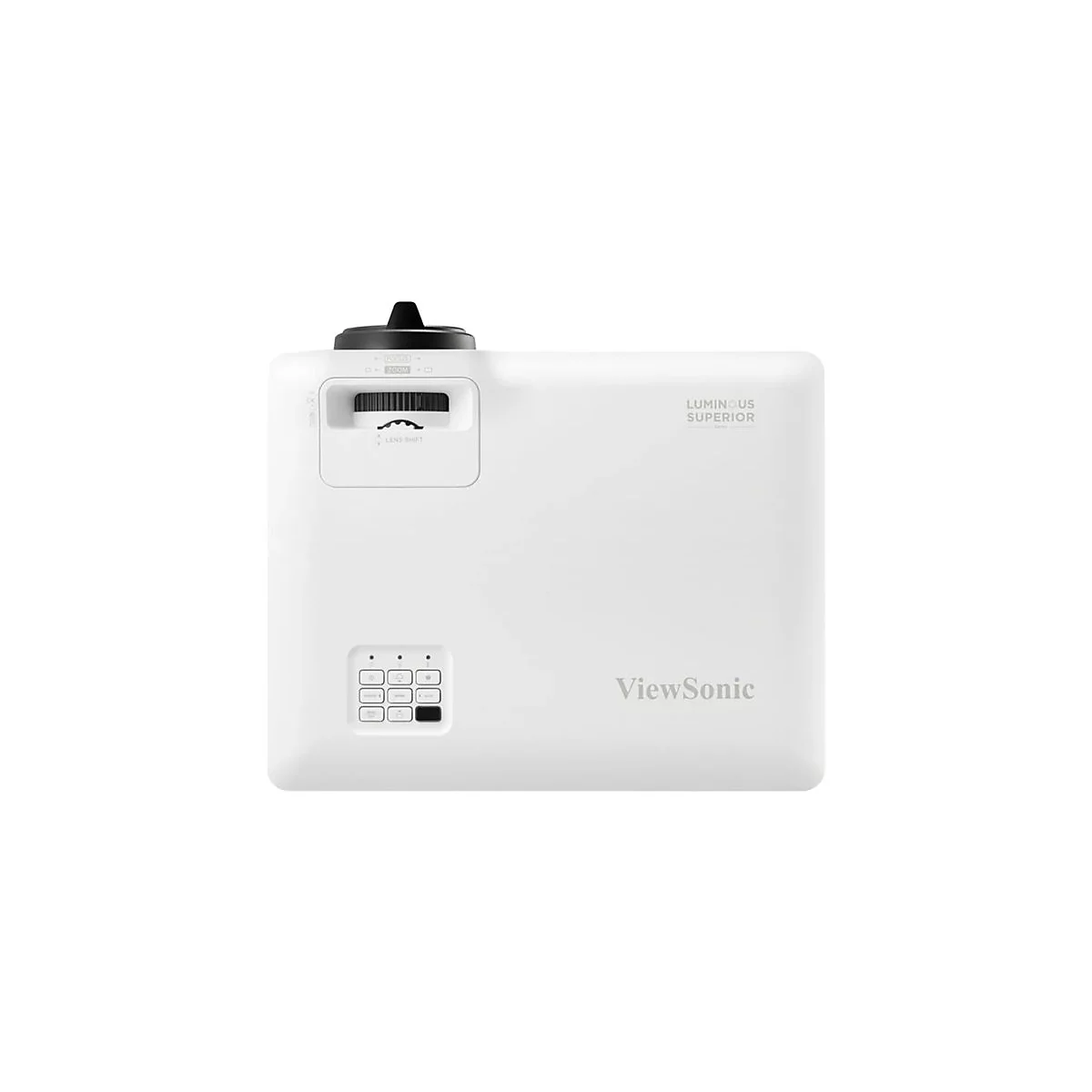 Projecteur ViewSonic blanc avec lentille, boutons et texte 'Luminous Superior'.