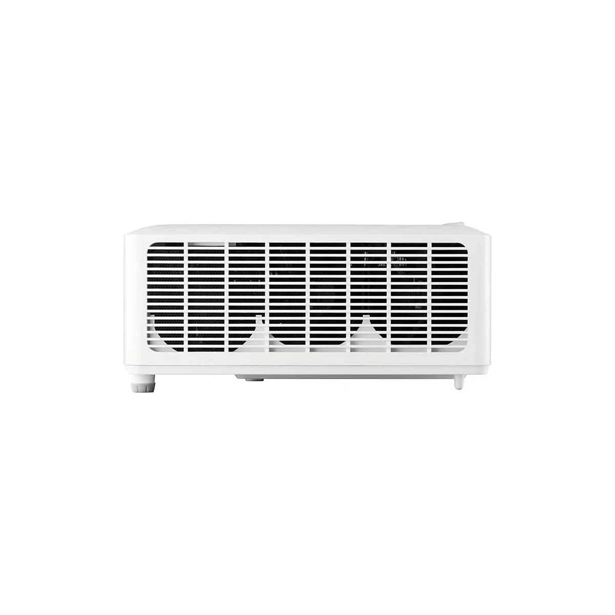 Projecteur blanc, vue de face. Fentes de ventilation noires, quatre pieds, sur fond blanc.