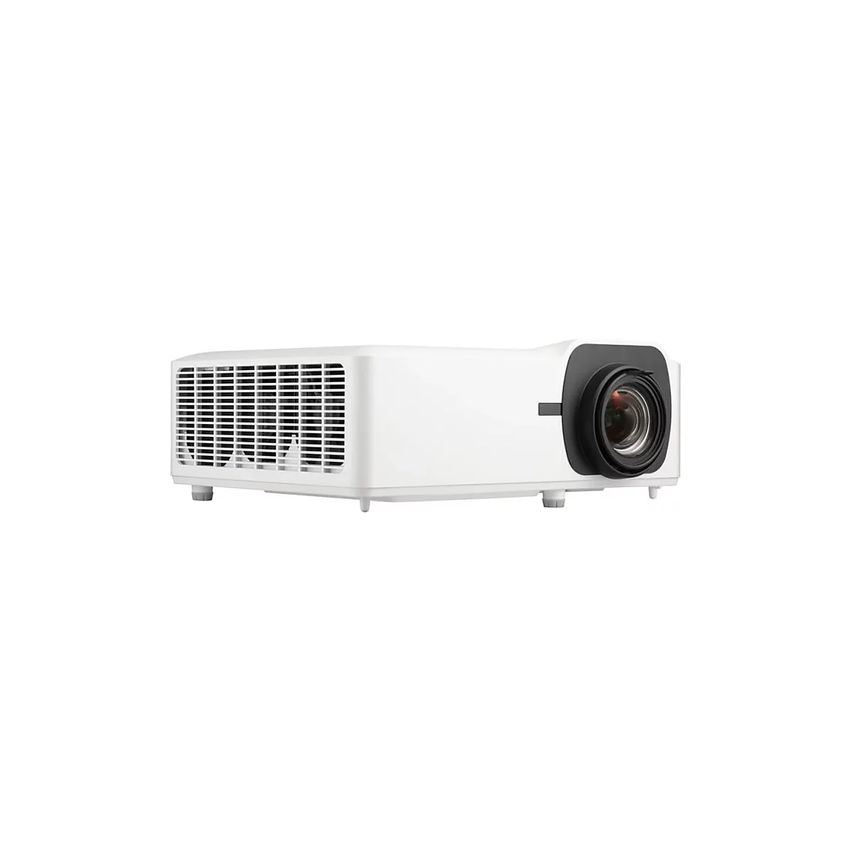 Projecteur blanc avec une lentille noire. Il y a des orifices de ventilation sur le côté gauche. Il repose sur trois petits pieds.