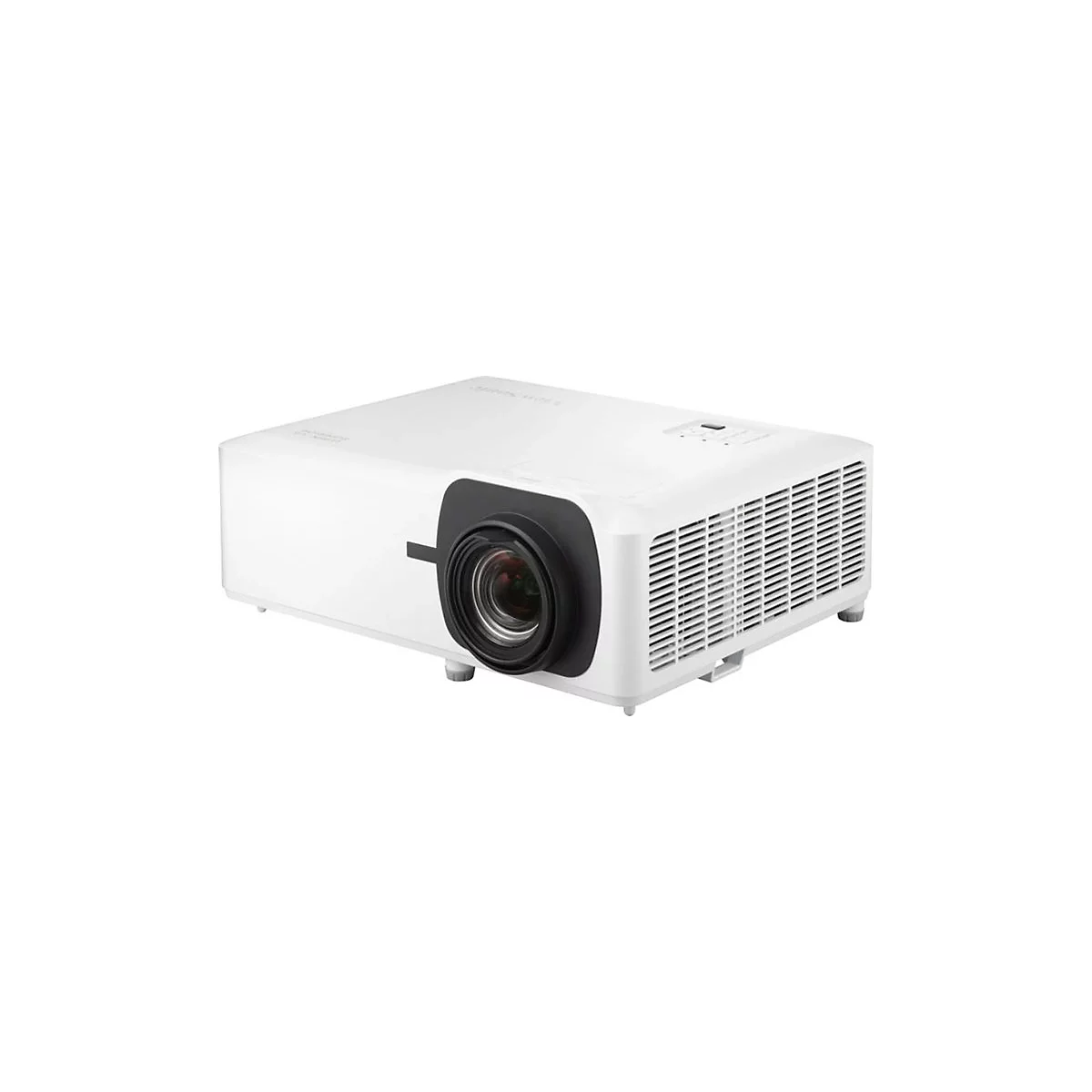 Projecteur blanc, vue oblique. Objectif noir au premier plan, fentes d'aération sur le côté.