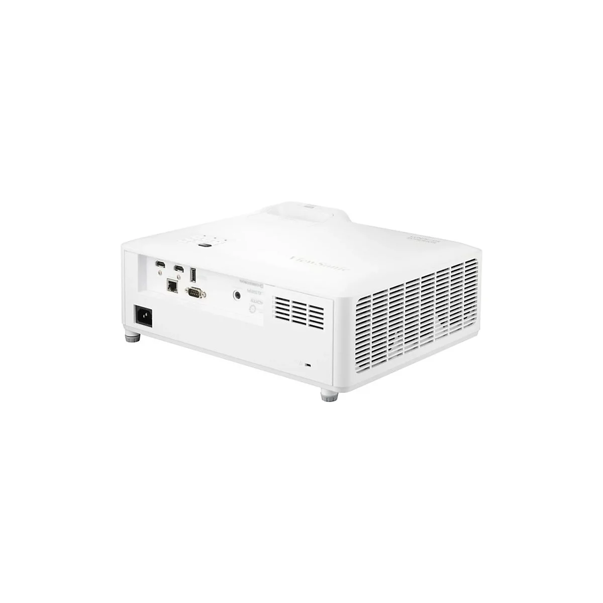 Projecteur ViewSonic blanc. On voit les entrées d'air, les ports et le câble d'alimentation.