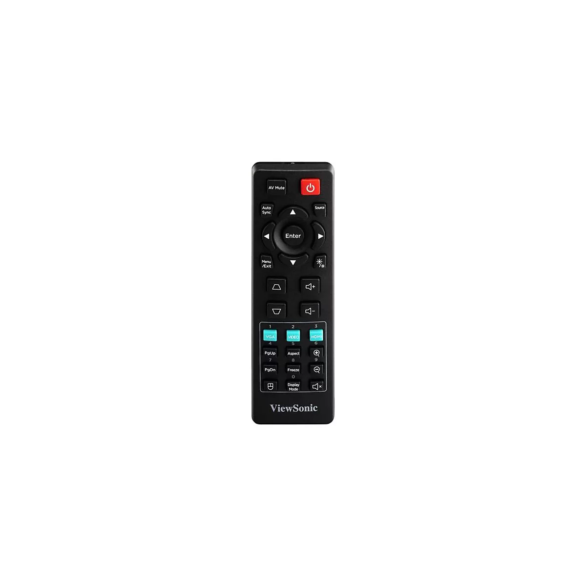 Télécommande noire avec de nombreux boutons et des étiquettes comme "Enter", "VGA" et "HDMI".