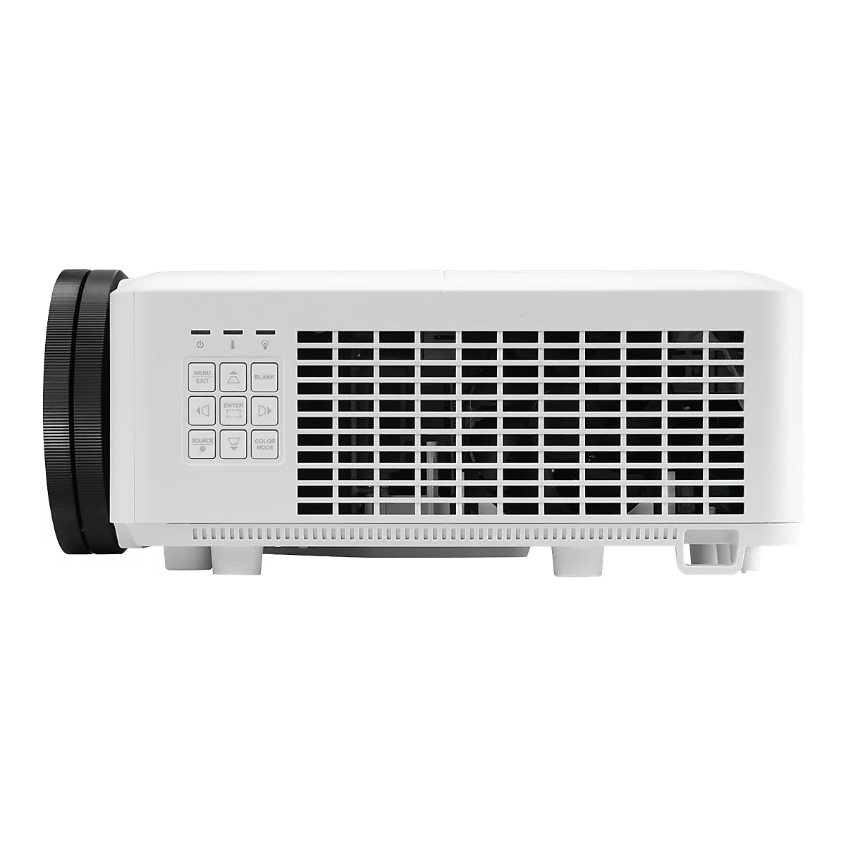 Weißer Projektor mit schwarzen Bedienelementen und Objektiv. Deutlich zu sehen sind Tasten für Menü, Eingang und Farbe.