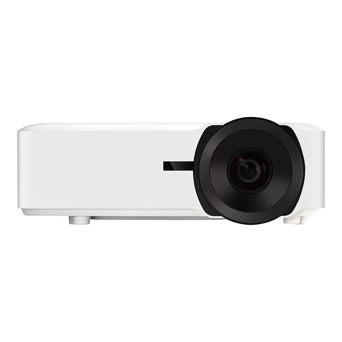 Weißer Projektor mit schwarzer Linse, isoliert auf weißem Hintergrund.