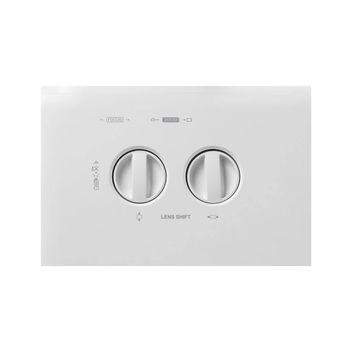 Nahaufnahme der Bedienelemente eines Projektors, zwei Drehregler, Beschriftung: Fokus, Zoom und Lens Shift.