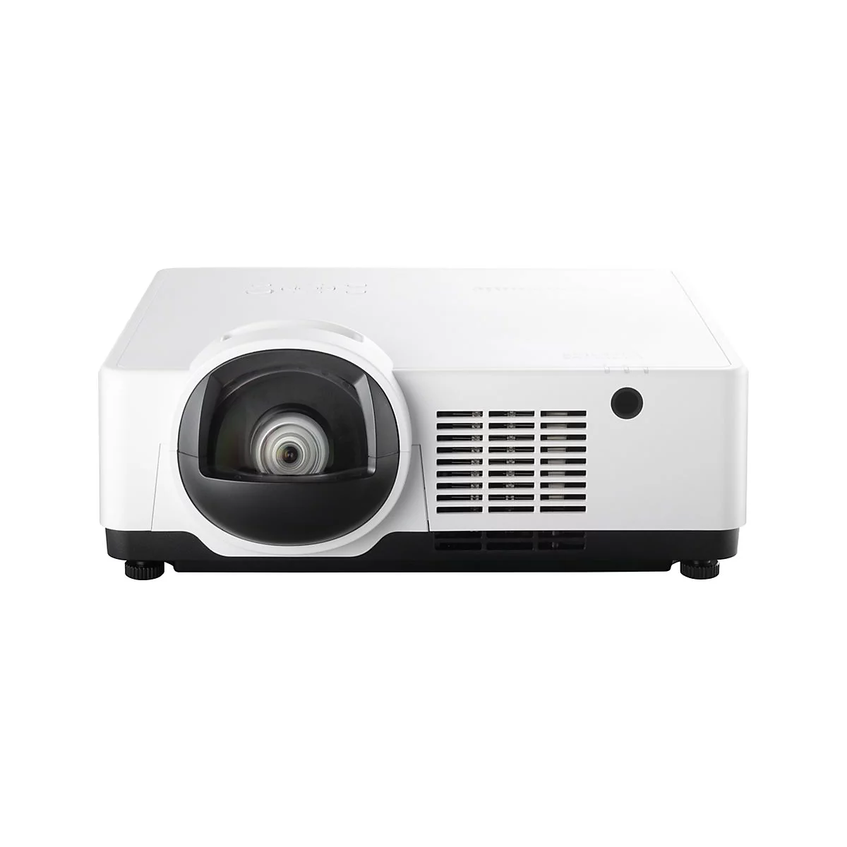 Projecteur blanc avec lentille noire et ouvertures. Debout sur une base noire, isolé sur fond blanc.