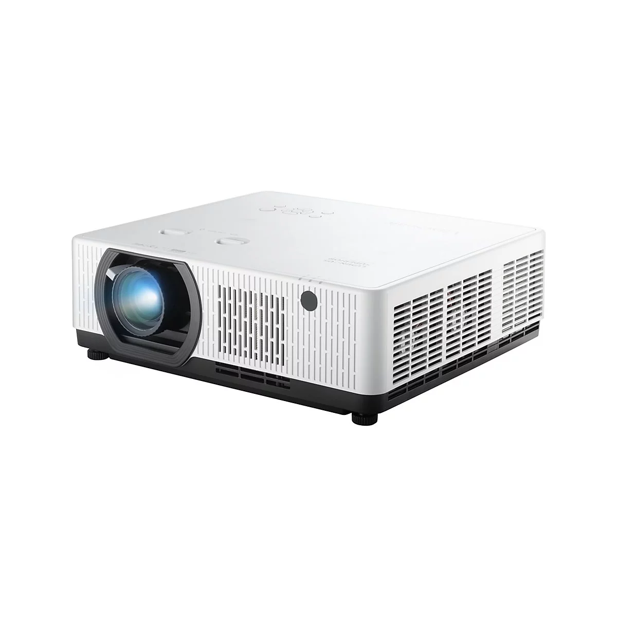 Projecteur blanc avec base et lentille noires, détails. Faisceau de lumière sortant de la lentille.