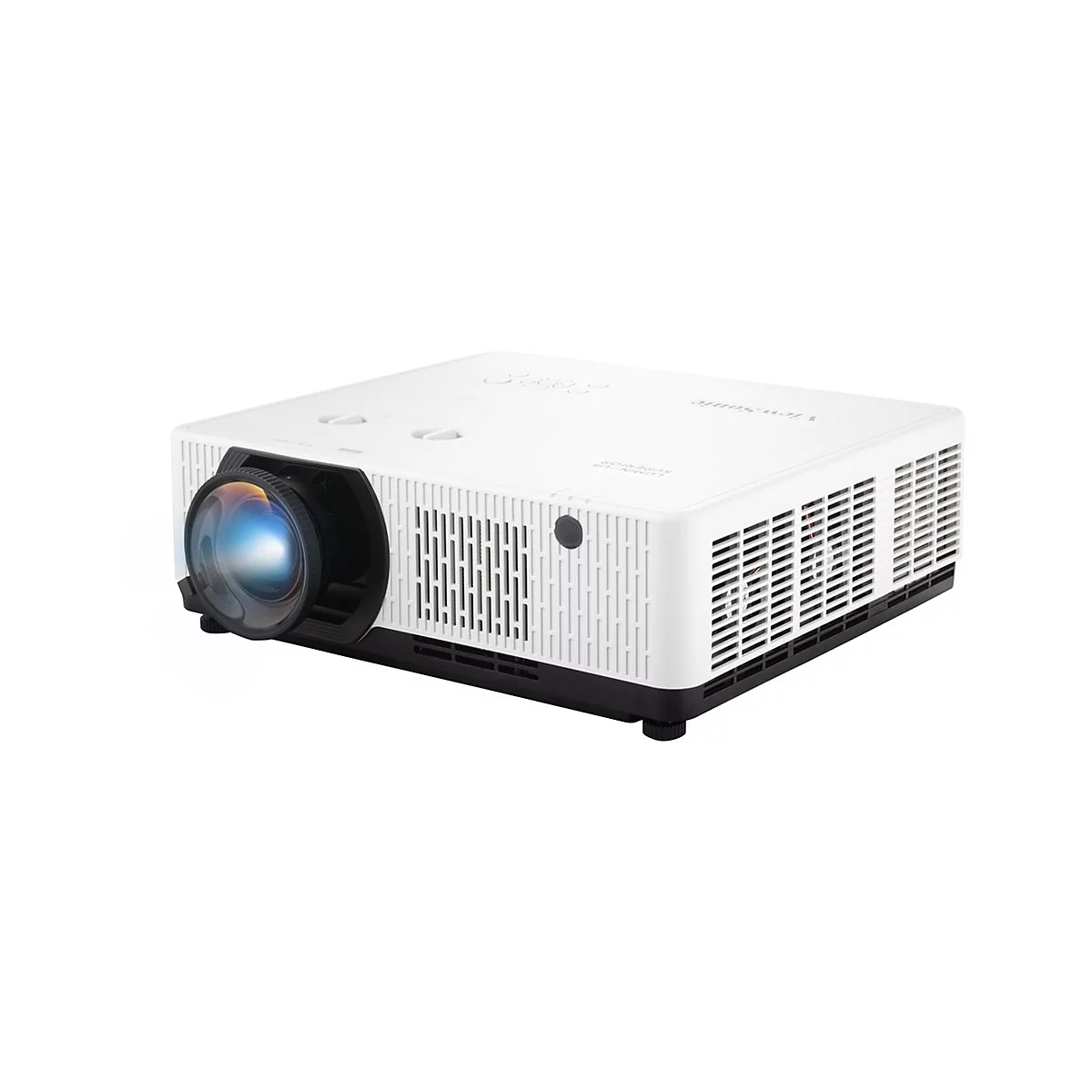 Projecteur blanc avec objectif noir et logo de l'entreprise. Sur socle noir, avec fentes d'aération.