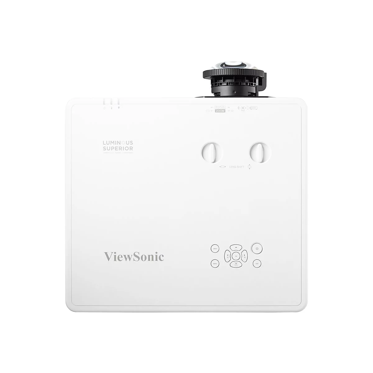 Weißer ViewSonic-Projektor vor neutralem Hintergrund. Zoom- und Linsenfunktion. Steuerungsknöpfe unten.