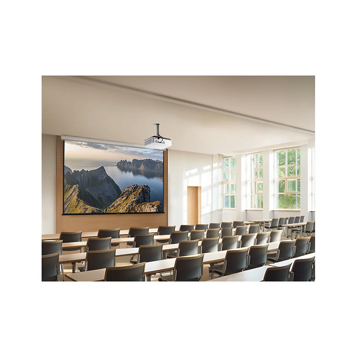 Projektor in einem Hörsaal, der ein Landschaftsbild an die Wand projiziert. Graue Stühle sind vor den Tischen aufgereiht.