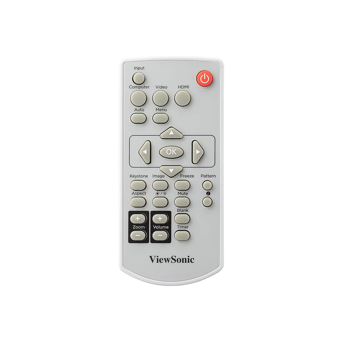 Graue Fernbedienung für einen Projektor mit vielen Knöpfen und der Aufschrift ViewSonic.