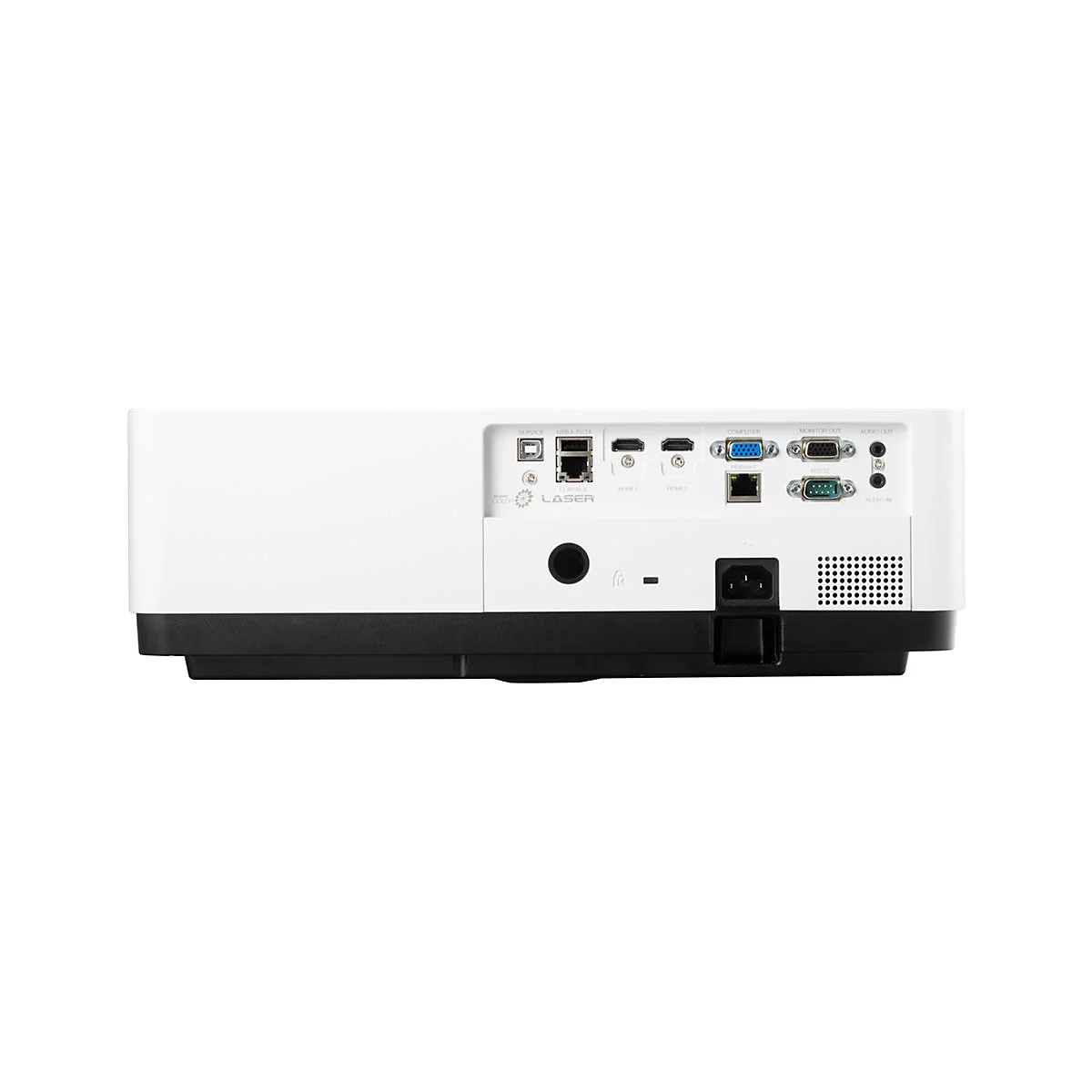 Rückseite eines weißen Projektors mit diversen Anschlüssen wie HDMI, USB, VGA und Stromanschluss.