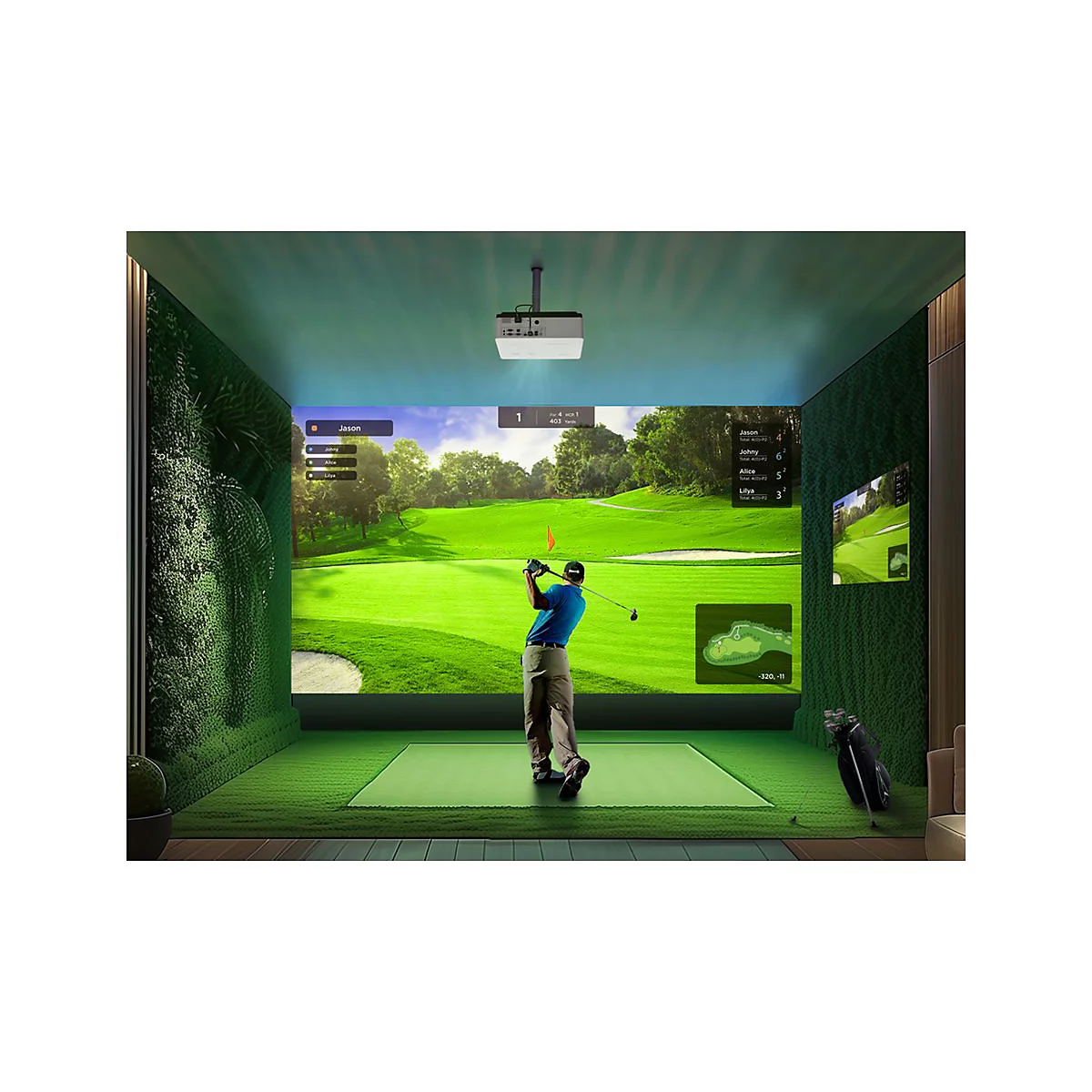 Ein Mann schwingt einen Golfschläger in einem Golfsimulator. Der Bildschirm zeigt einen Golfplatz.