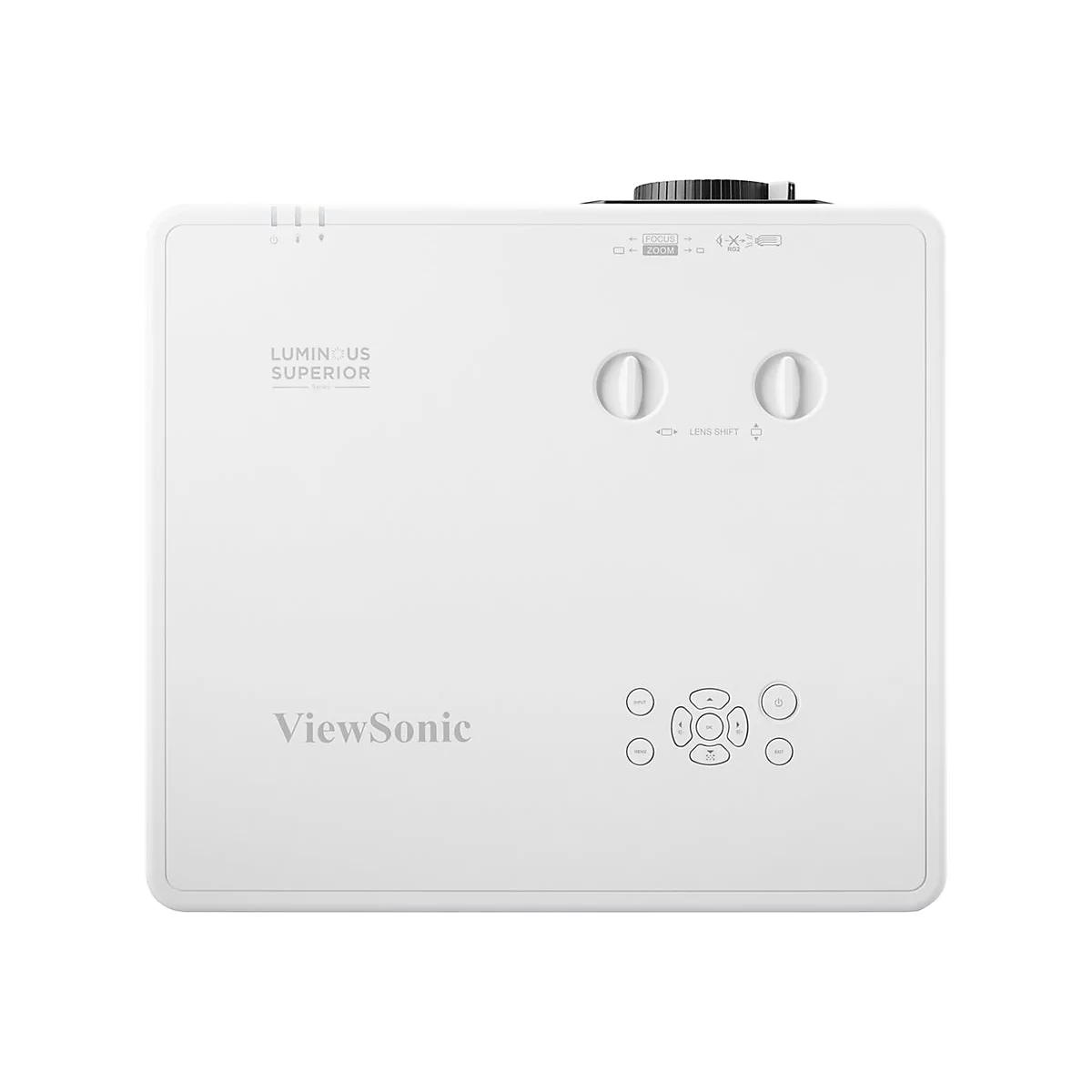 Weißer ViewSonic-Projektor von oben. Mit Bedienelementen und Linsenfunktionen. Aufschrift: Luminous Superior.