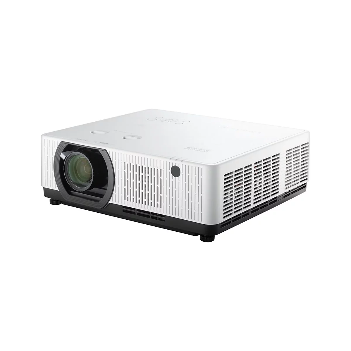 Weißer Projektor mit schwarzer Basis und Objektiv. Sichtbare Lüftungsschlitze und Tasten auf der Oberseite.