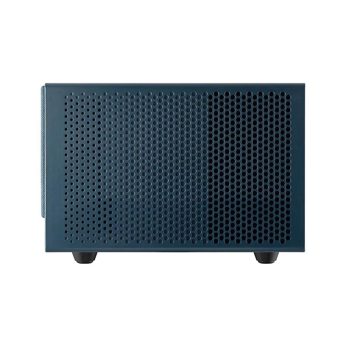Blauer Lautsprecher mit perforierter Oberfläche und schwarzen Standfüßen.