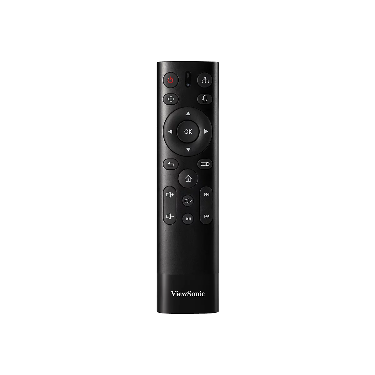 Schwarze Fernbedienung mit vielen Knöpfen und dem ViewSonic-Logo.