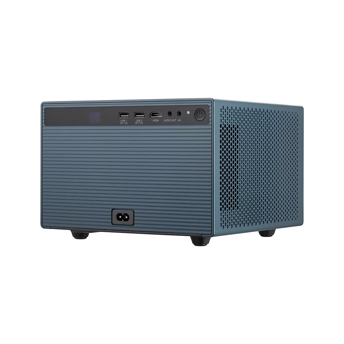 Blau-grauer Projektor mit geriffelter Front, Anschlüssen und perforierter Seite.
