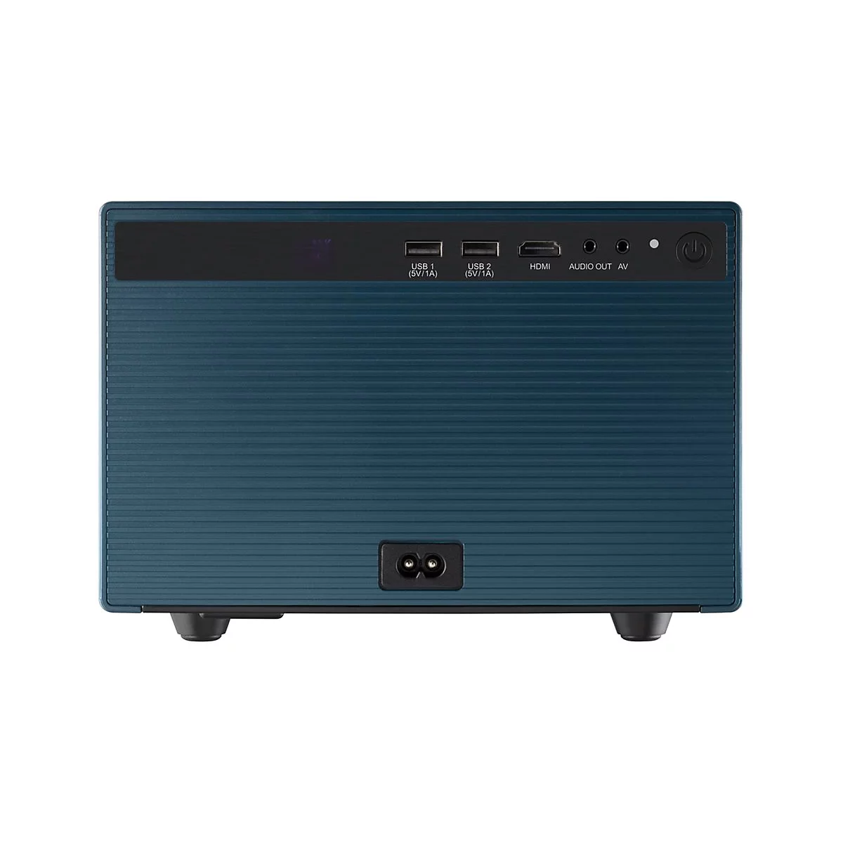 Blaues Gerät mit Anschlüssen für USB, HDMI und Stromanschluss. Auf der Oberseite befinden sich Tasten. Der Hintergrund ist neutral.