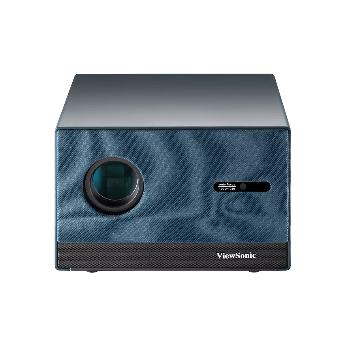 Blau-grauer Projektor mit Linse, schwarzem Streifen unten, "ViewSonic" und "Auto Focus 1920x1080".