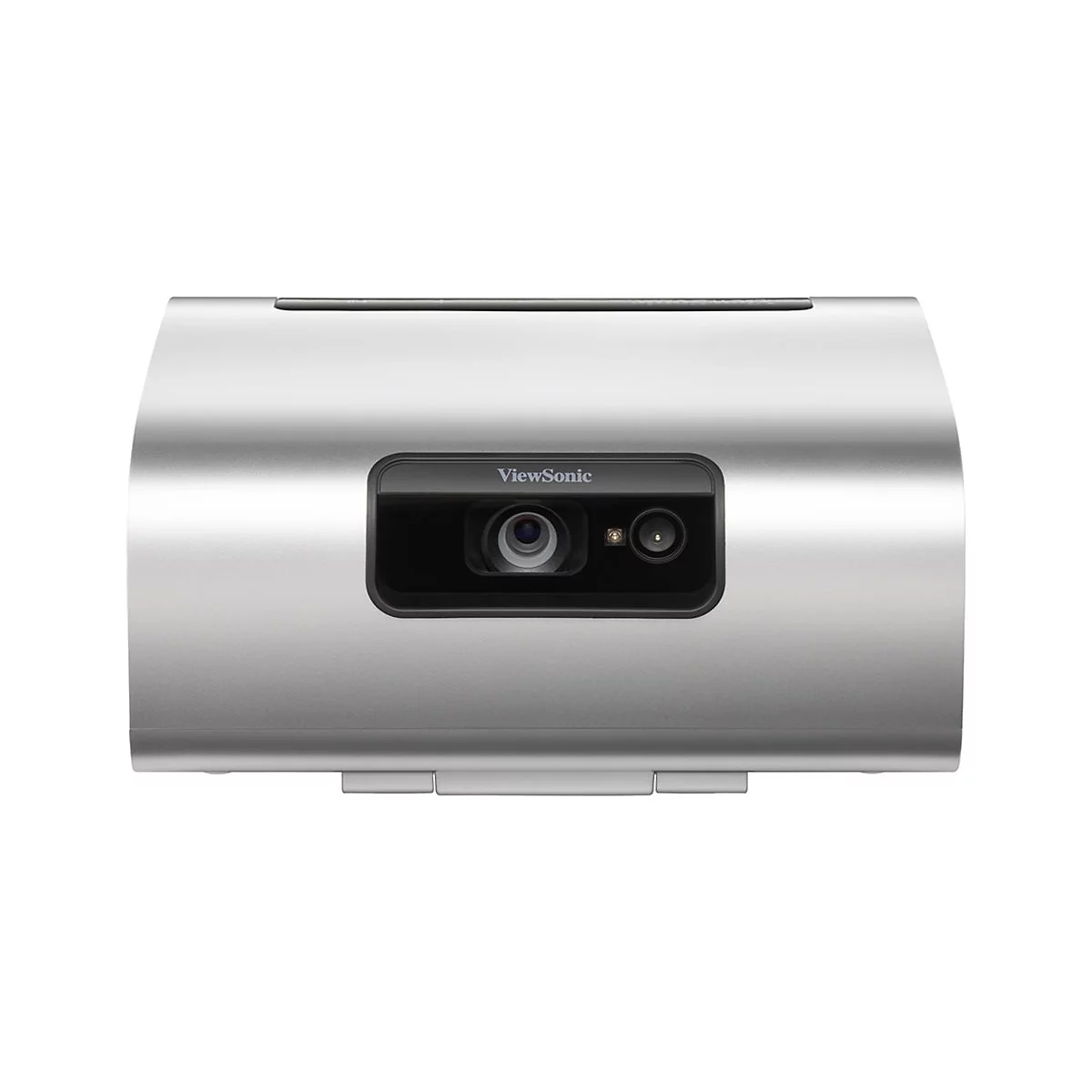 Ein silberner ViewSonic-Projektor mit schwarzem Objektiv. Der Projektor hat das ViewSonic-Logo.