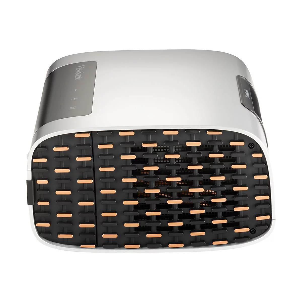 Ein grauer Projektor mit schwarzer Front, orangefarbenen Elementen und der Aufschrift "ViewSonic".