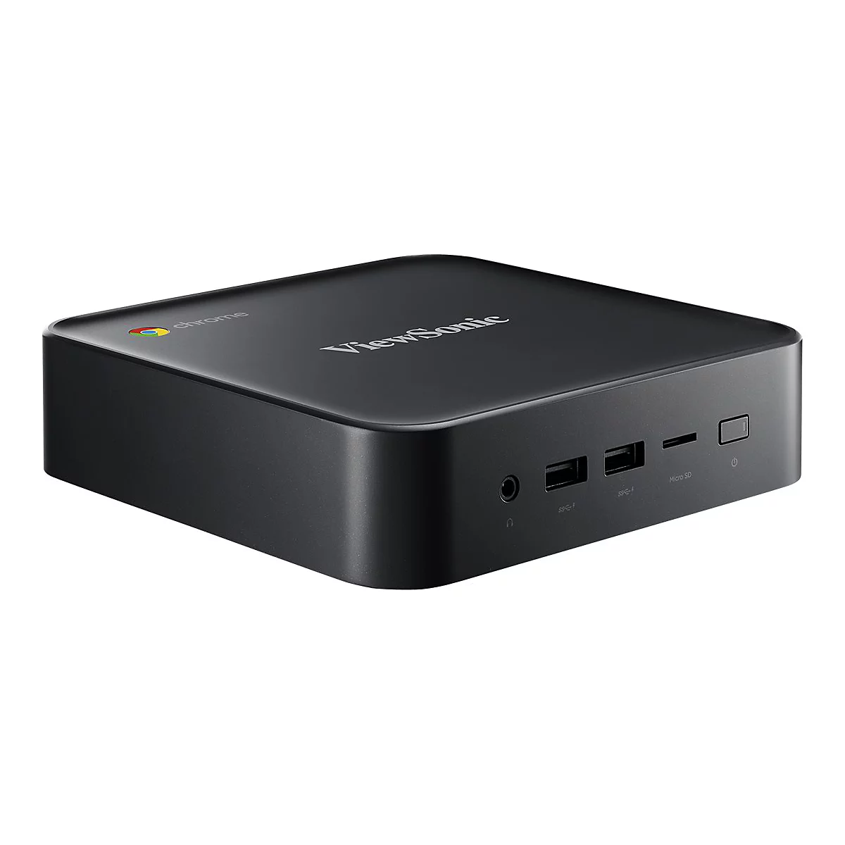 Schwarzer ViewSonic-Mini-PC. Oben rechts Chrome-Logo. Front mit Anschlüssen: USB, Micro-SD, Kopfhörer. Power-Knopf.