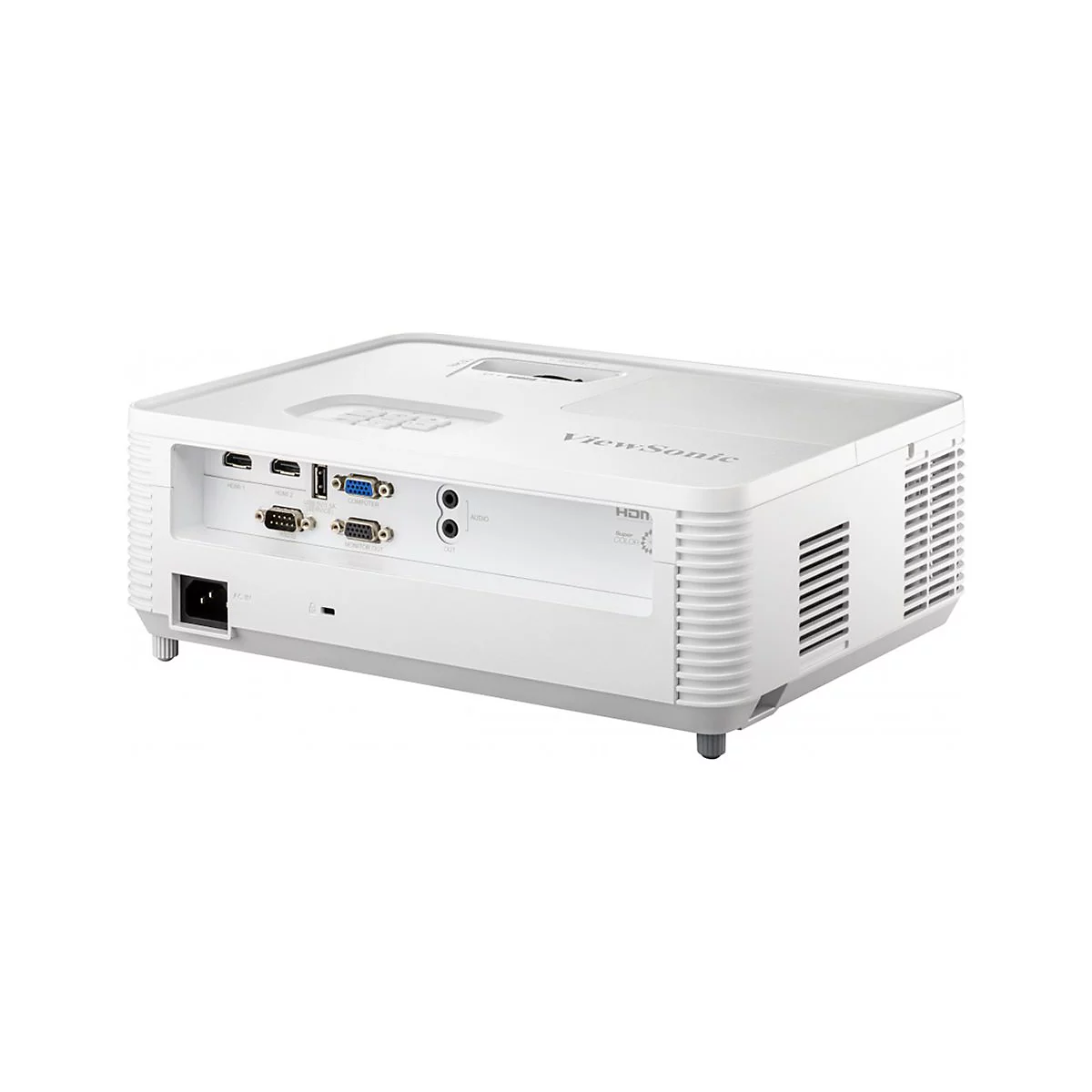 Nahaufnahme eines weißen ViewSonic-Projektors. Rückseite mit Anschlüssen: HDMI, VGA, Audio. Lüftungsschlitze an der Seite.