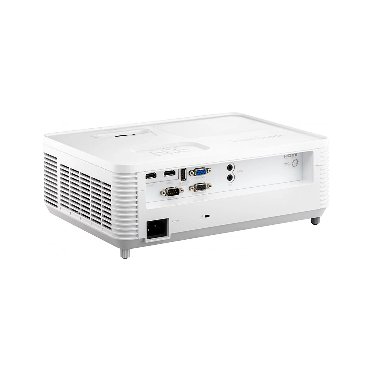 Weißer Projektor mit Anschlüssen, seitlich betrachtet. Sichtbar: HDMI, VGA, Audio, AC In.