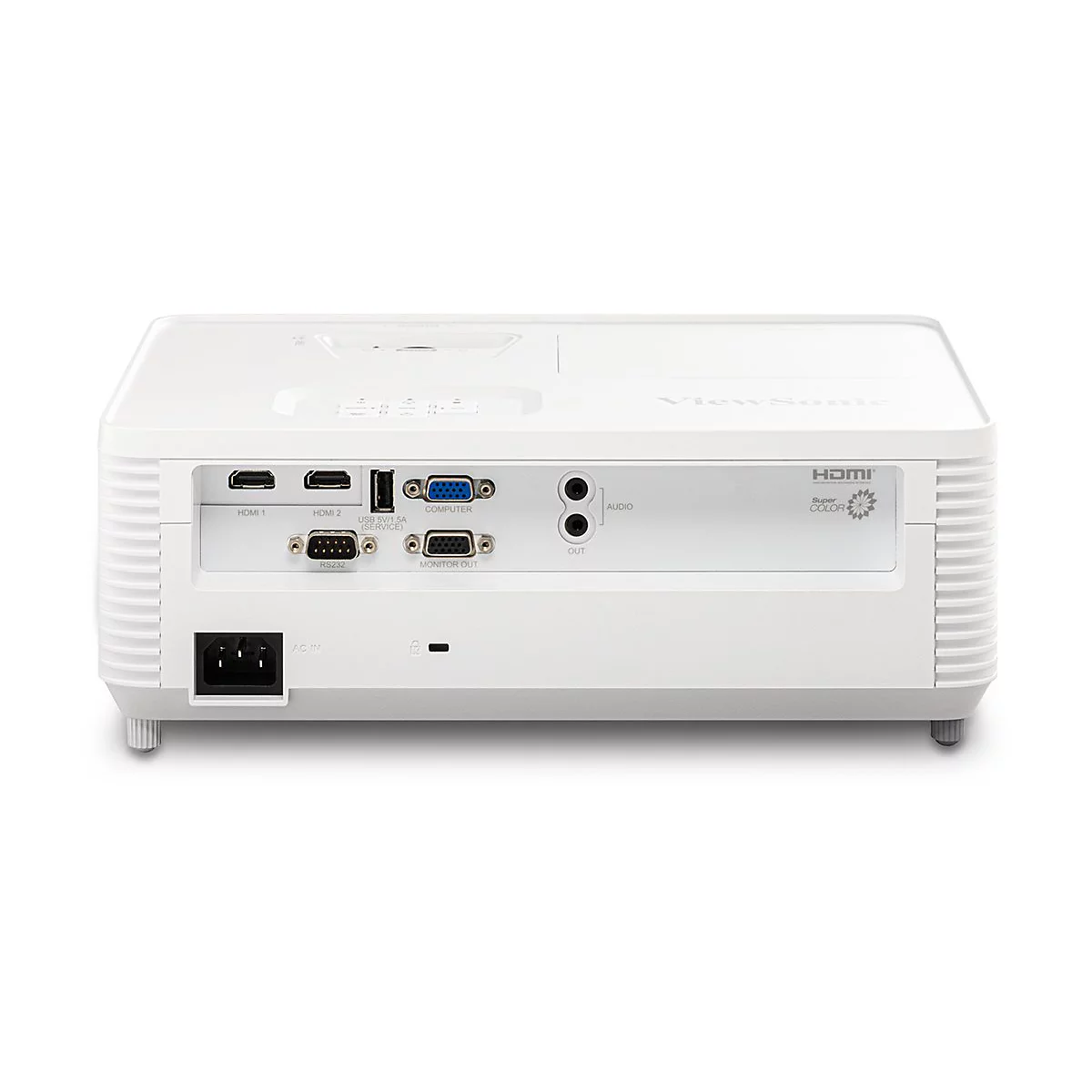 Rückseite eines weißen Beamers mit Anschlüssen, darunter HDMI, Computer, Audio und Stromanschluss.