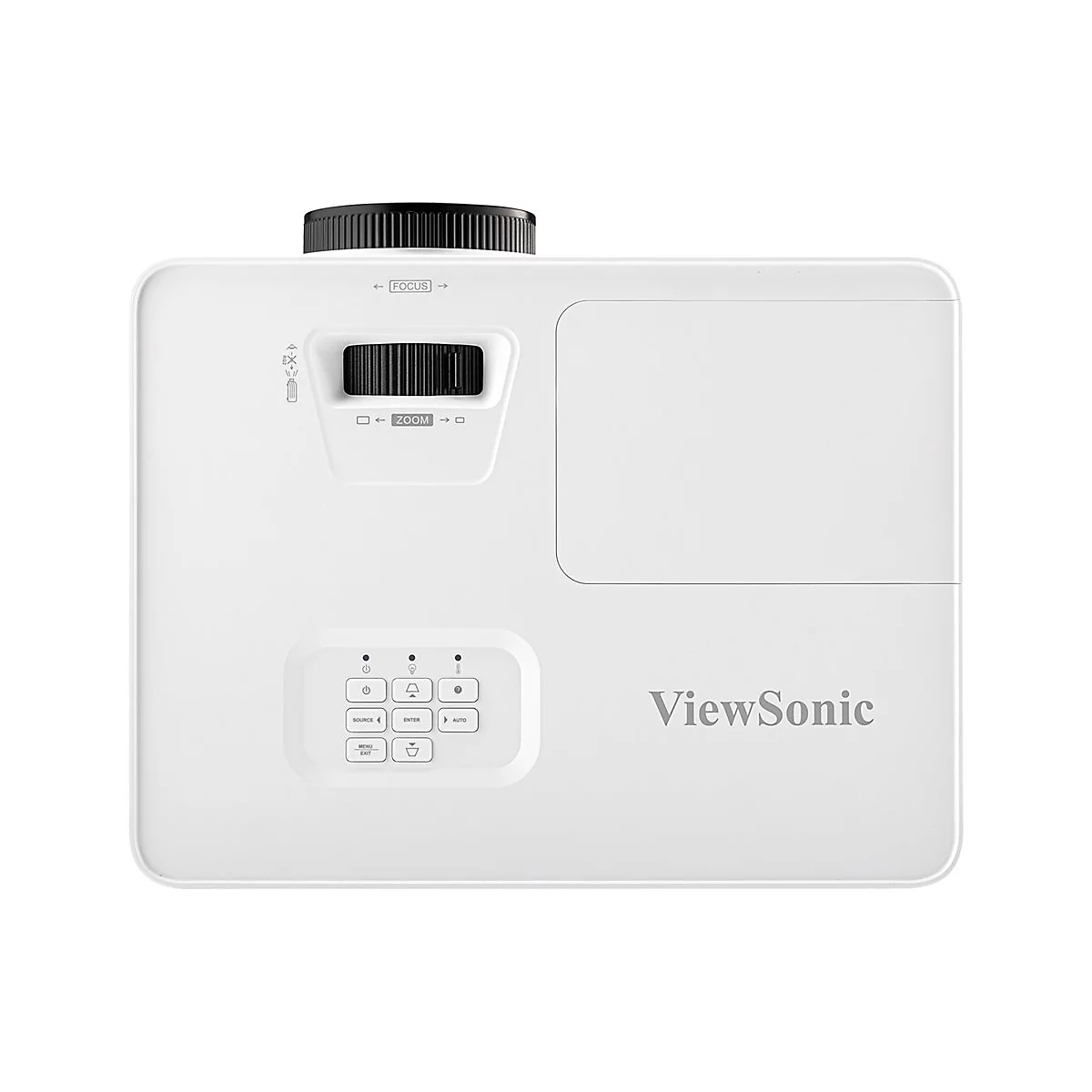 Weißer ViewSonic-Projektor mit schwarzem Objektiv und Bedienfeld. Knöpfe für Fokus, Zoom, Ein/Aus und weitere.