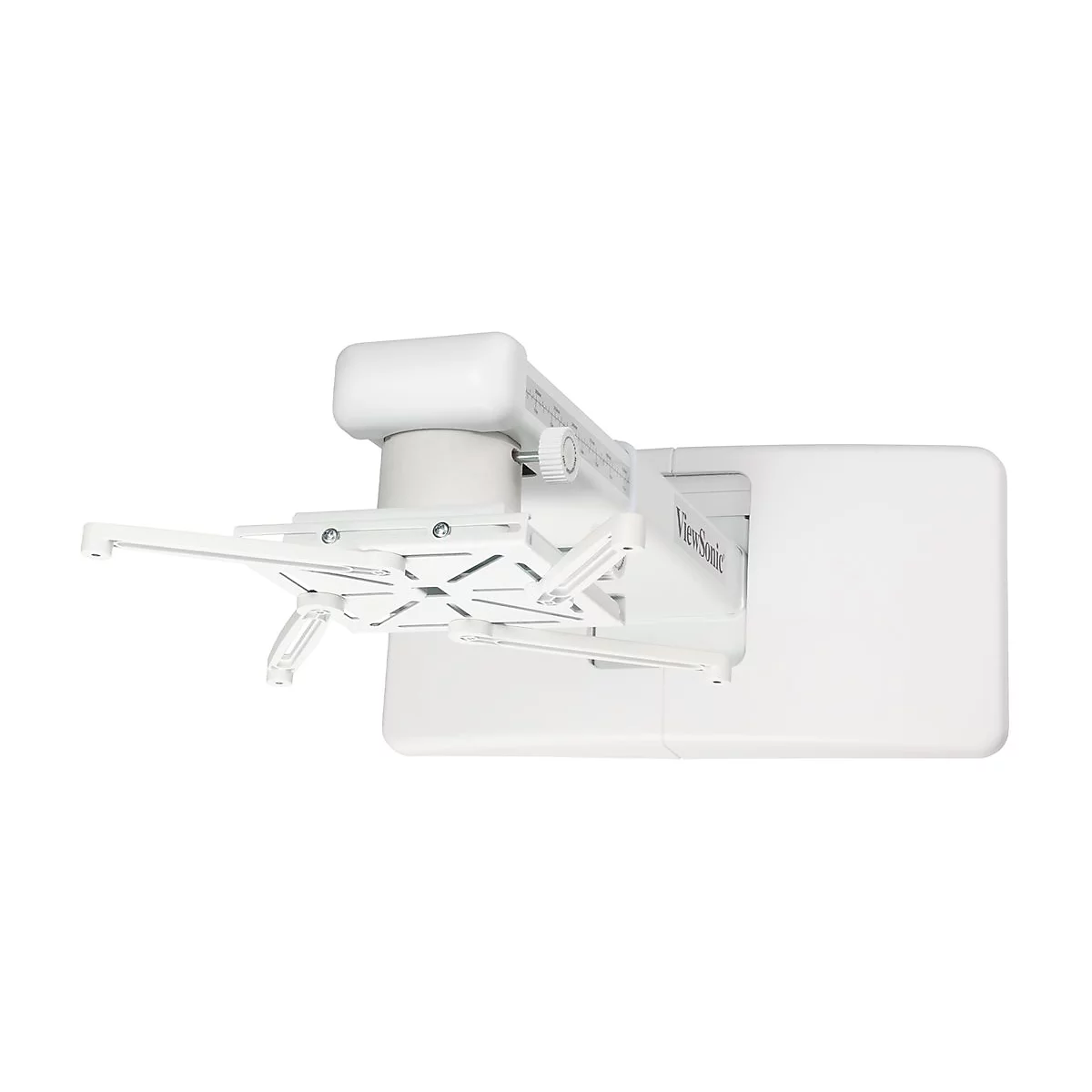 Weißer Projektorhalter, der an einer Wand montiert ist. Darauf ist der Schriftzug ViewSonic zu lesen.