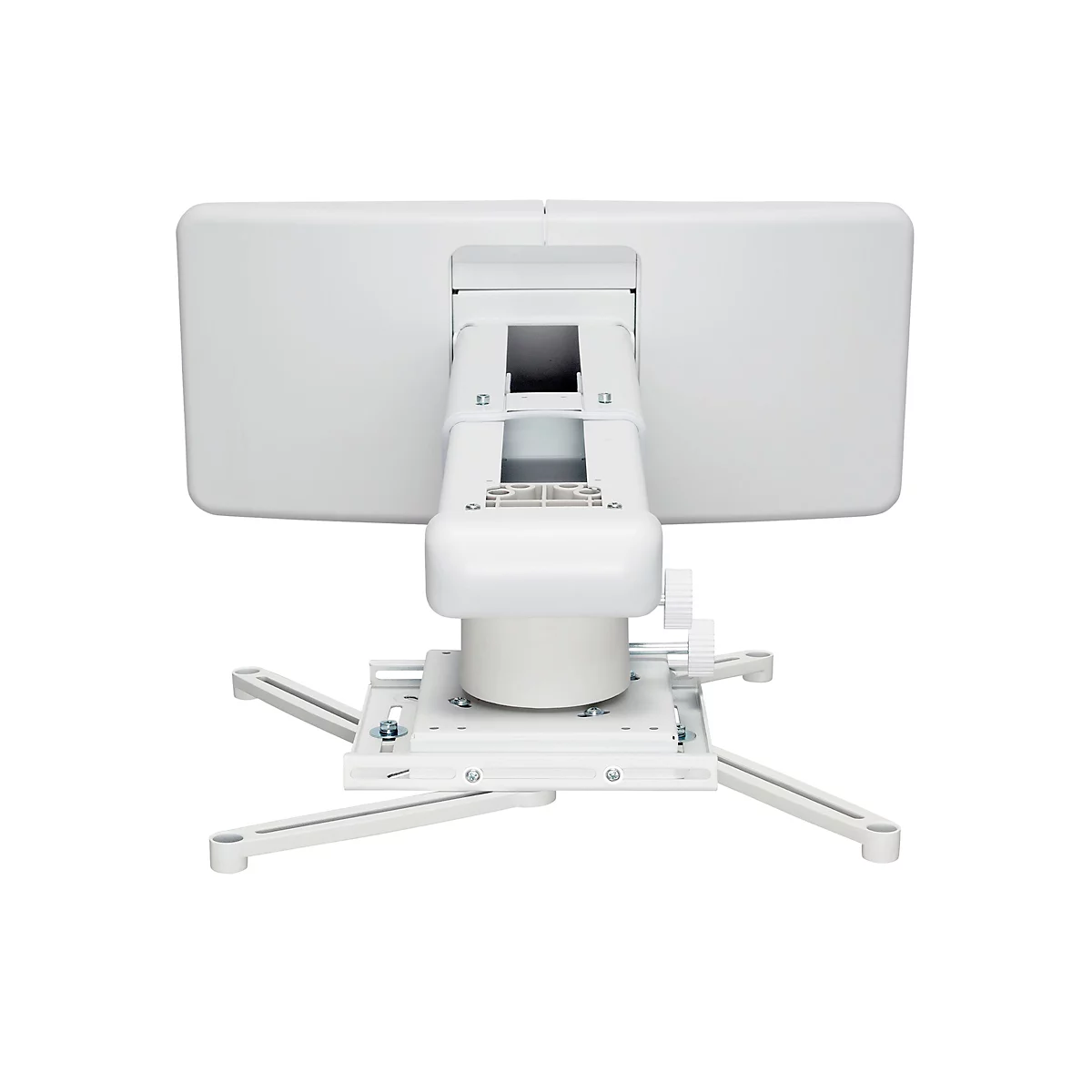 Nahaufnahme eines weißen Projektorhalters mit verstellbaren Elementen. Die Rückseite ist zu sehen.