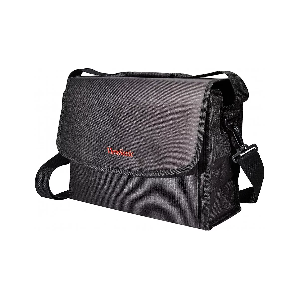 Schwarze Umhängetasche mit rotem ViewSonic Logo. Verstellbarer Schultergurt und Tragegriff.