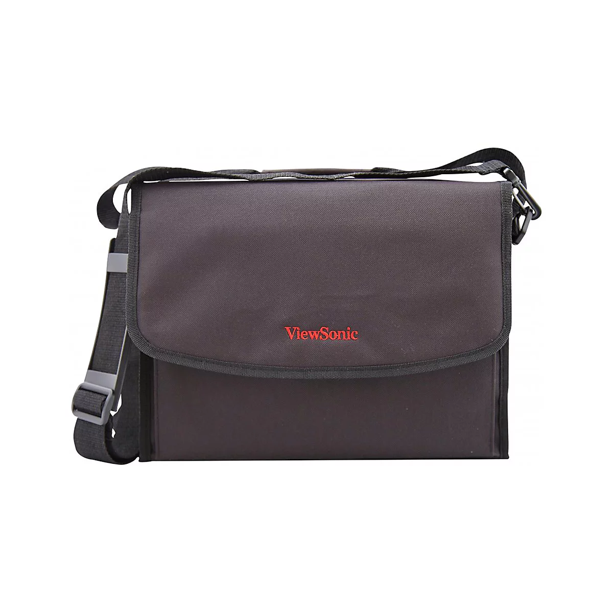 Eine dunkelbraune Umhängetasche mit rotem ViewSonic-Logo. Schwarzer Tragegurt mit Schnallen.