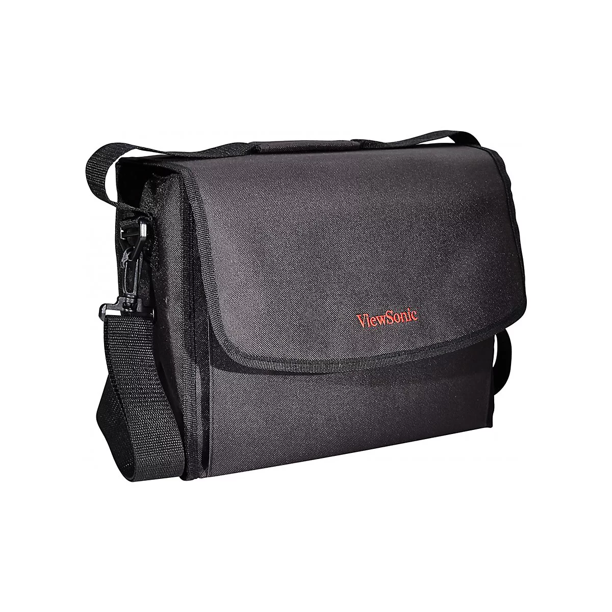 Schwarze ViewSonic-Tasche mit Umhängegurt und rotem Schriftzug. Eine Klappe mit Klettverschluss schließt die Tasche.