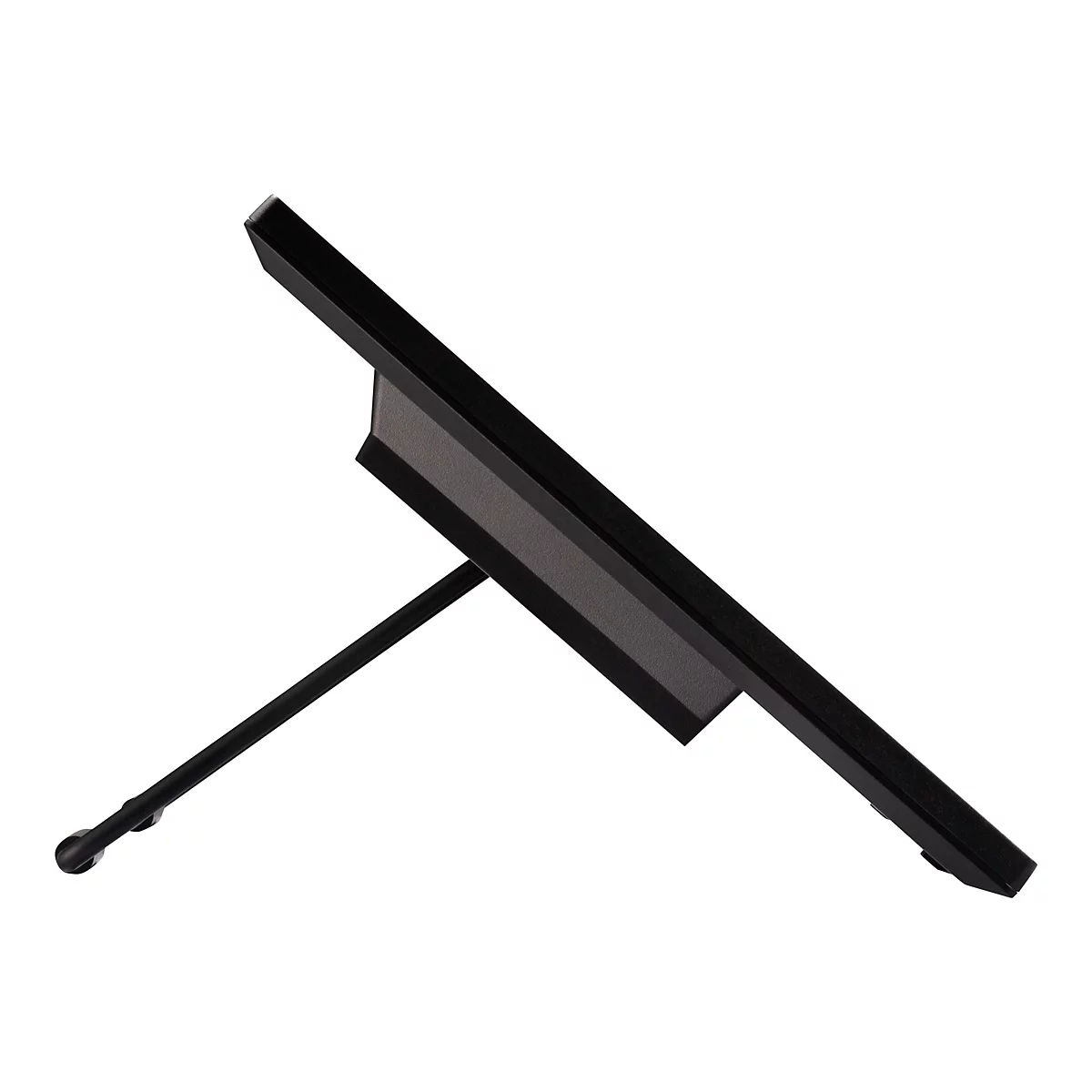 Un moniteur noir, vu en diagonale, avec support. Le cadre est angulaire, le pied est une seule tige.