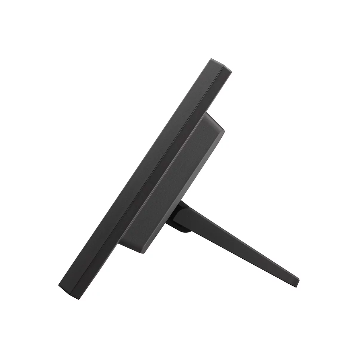 Écran noir avec support, vue latérale. Le moniteur est légèrement incliné, sur fond blanc.