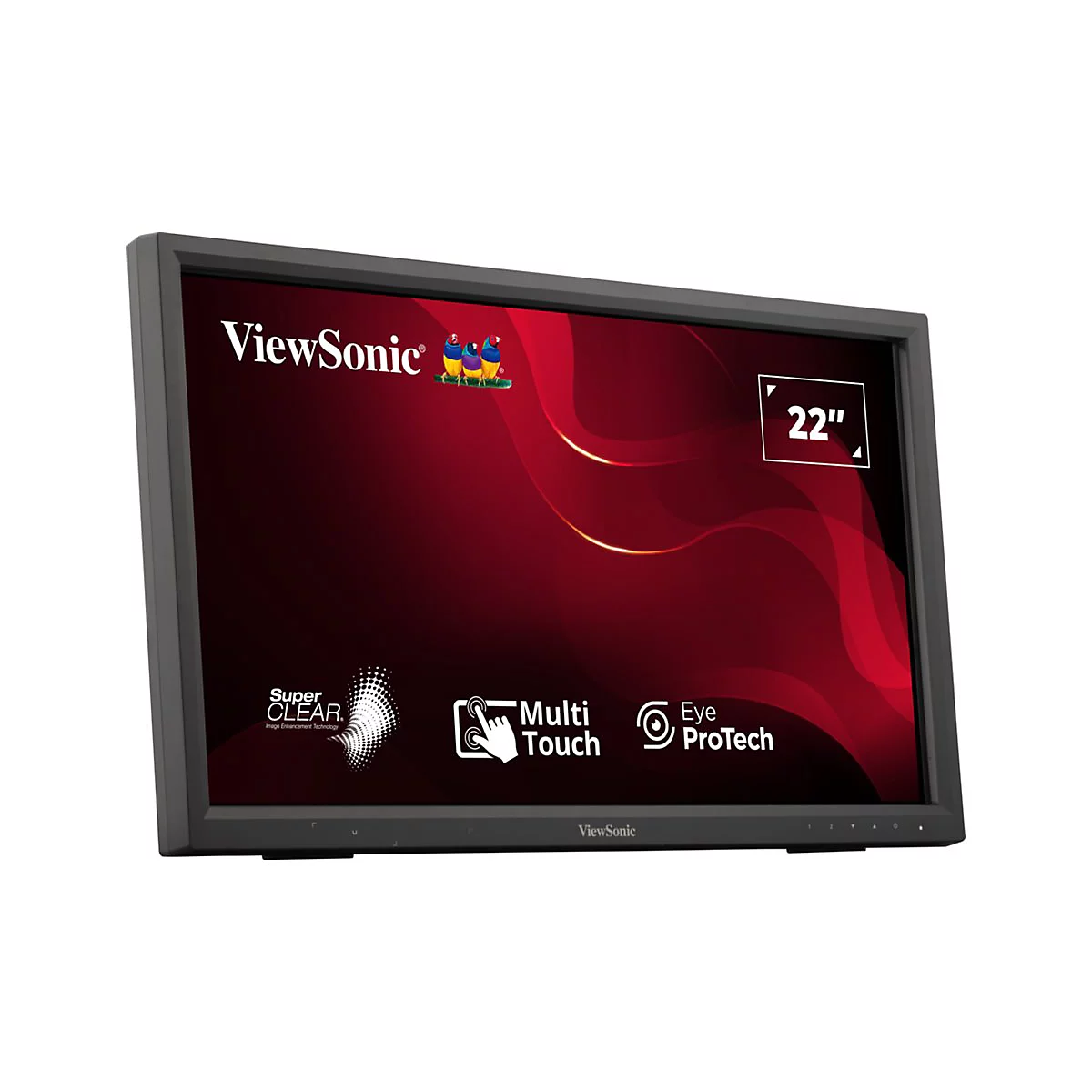 Moniteur ViewSonic noir de 22 pouces. Le texte sur l'écran comprend "Multi Touch" et "Eye ProTech". Un motif rouge est en arrière-plan.
