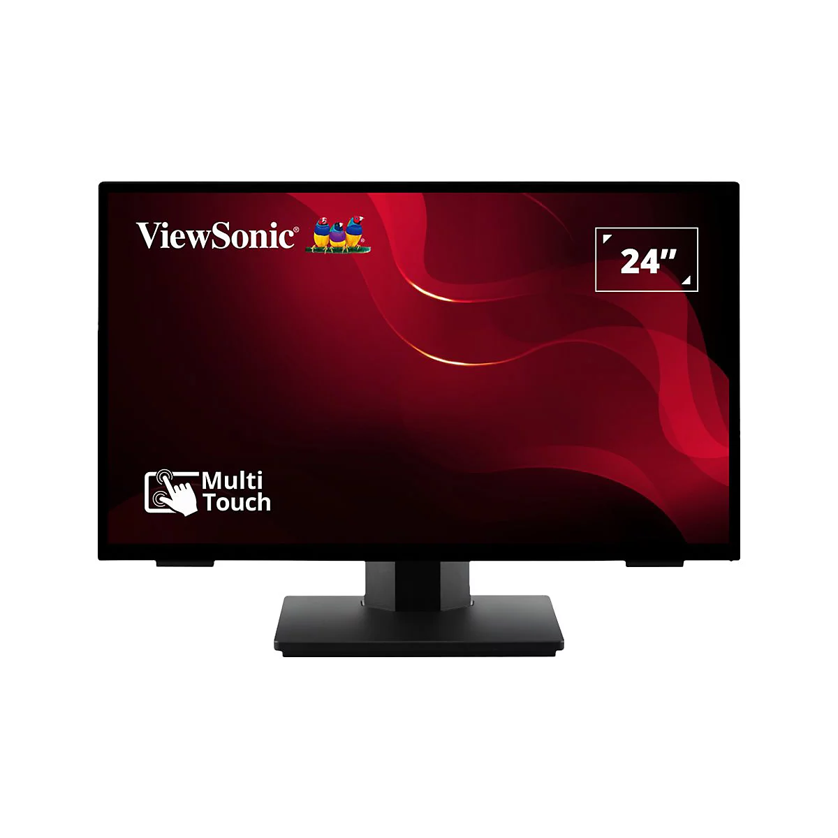 Un moniteur multi-touch ViewSonic de 24 pouces avec un fond rouge.