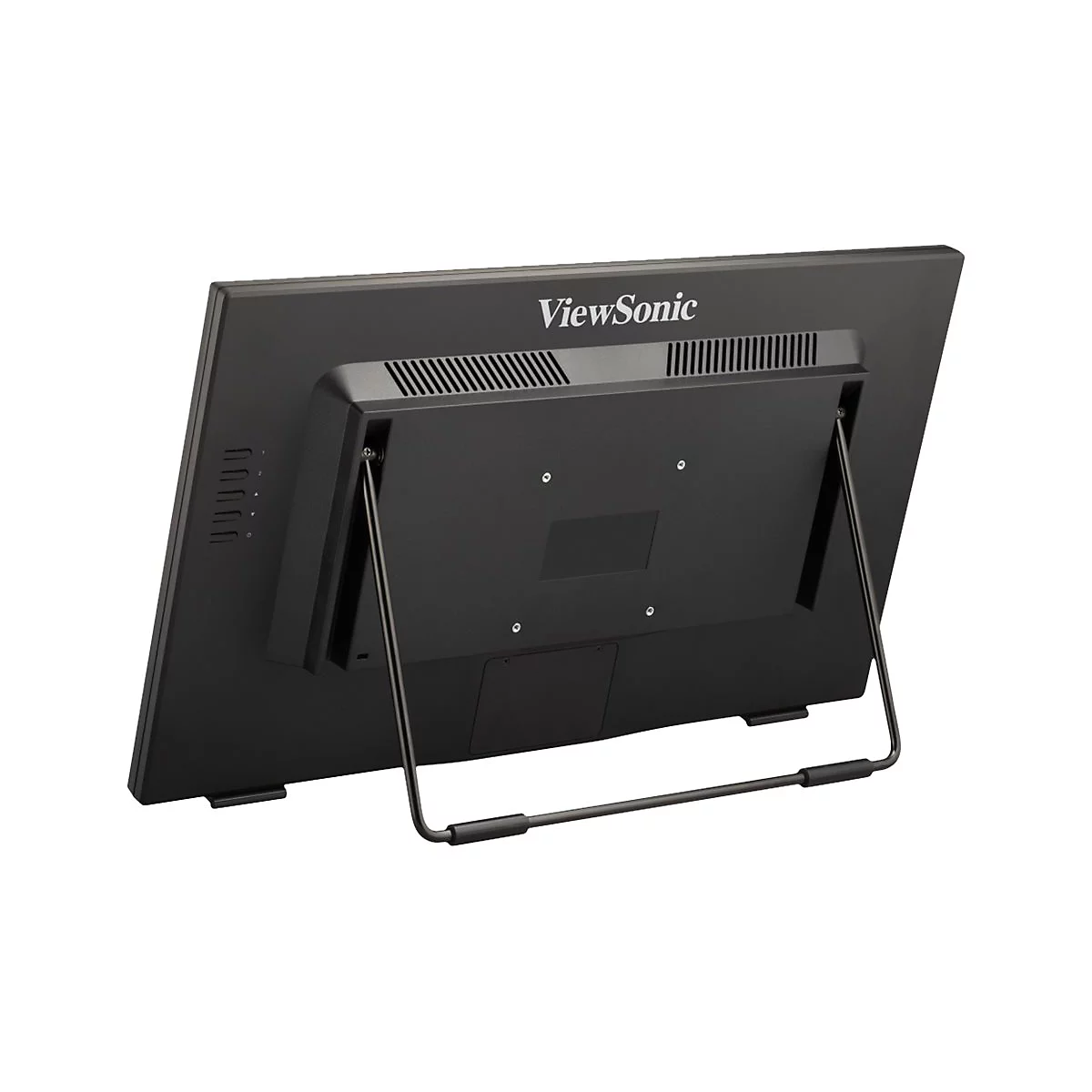 Moniteur ViewSonic noir de dos avec pied. Inscription ViewSonic en haut.