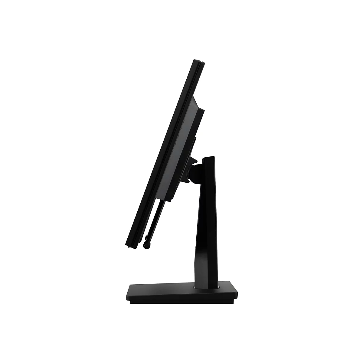 Ein schwarzer Monitor, von der Seite gesehen. Er steht auf einem schwarzen Fuß und ist leicht nach oben geneigt.