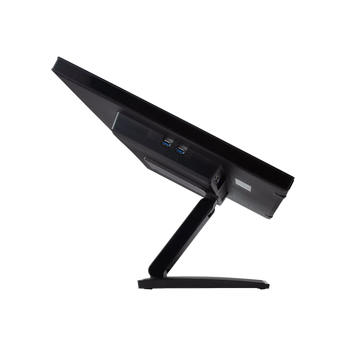 Ein schwarzer Monitor von hinten, mit USB-AnschlÃ¼ssen, auf einem weiÃŸen Hintergrund.