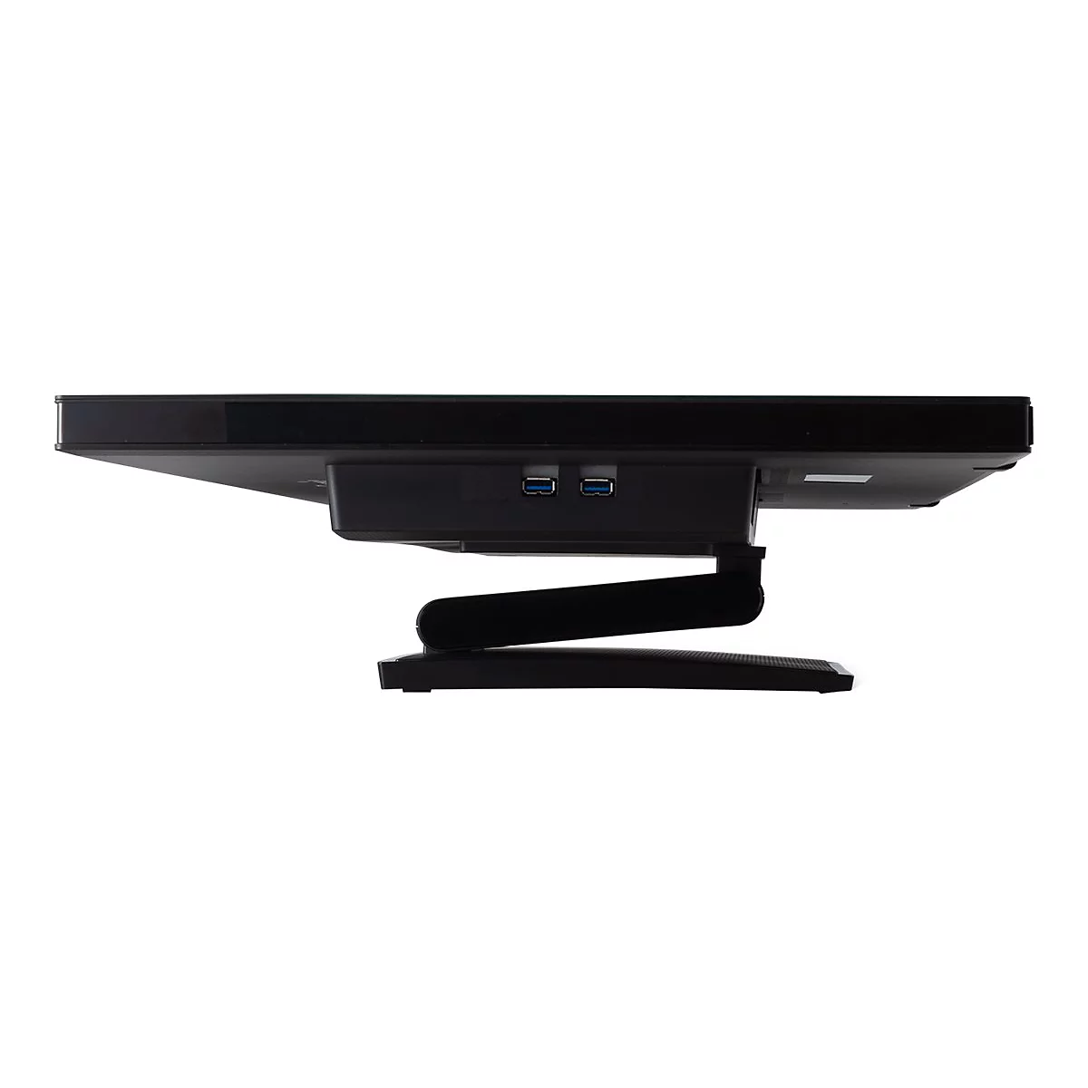 Schwarzer Monitor von unten, mit zwei USB-Ports. Der StandfuÃŸ ist beweglich.