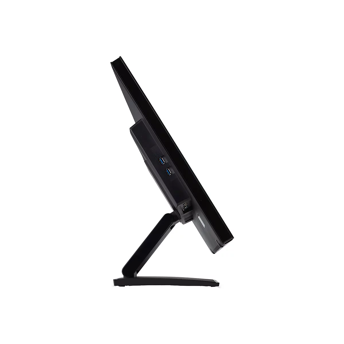 Ein schwarzer Monitor im Profil, der auf einem weiÃŸen Hintergrund steht. USB-AnschlÃ¼sse auf der RÃ¼ckseite sichtbar.