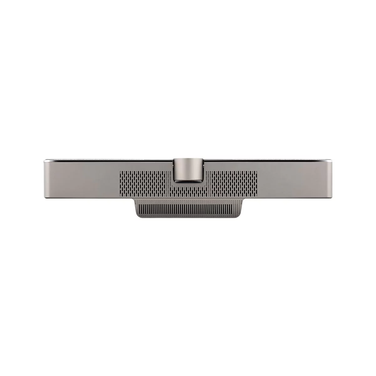 Projecteur gris avec fentes de ventilation et un élément surélevé, vue de dessus.